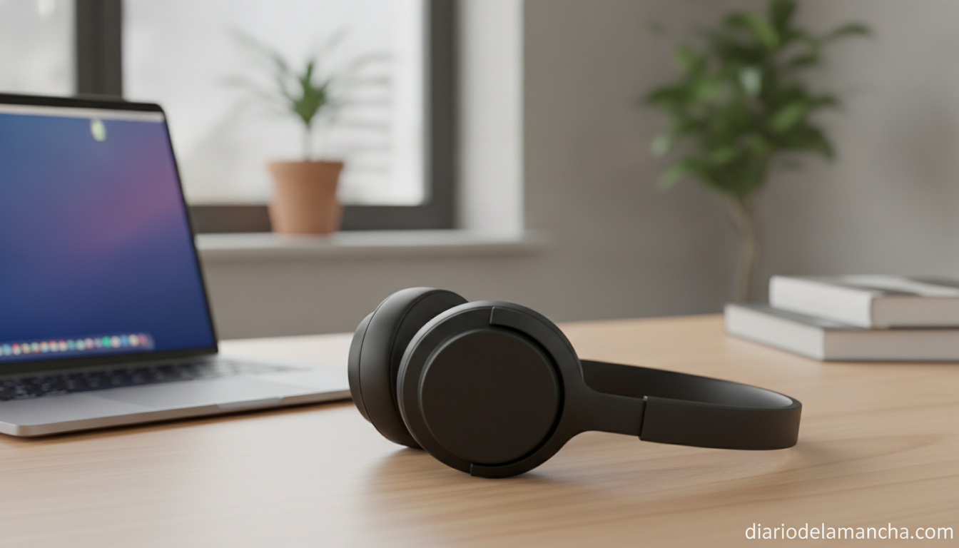 Cascos inalámbricos con cancelación de ruido sobre escritorio en oficina en casa