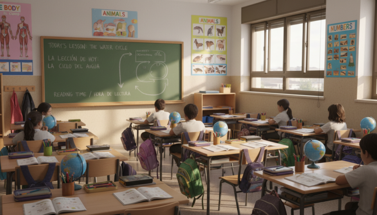 Aula de colegio de educación primaria en España con carteles bilingüe inglés-español en las paredes, pizarra con texto edu...