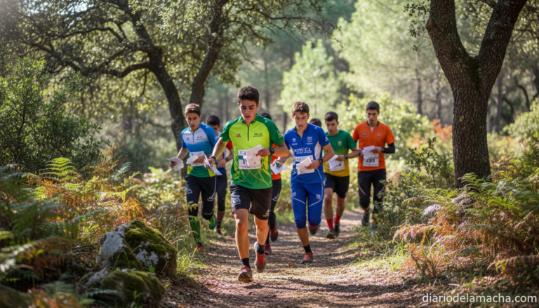 Young athletes in colorful sportswear running through a forest with map and compass during an orienteering race in Spain, ...