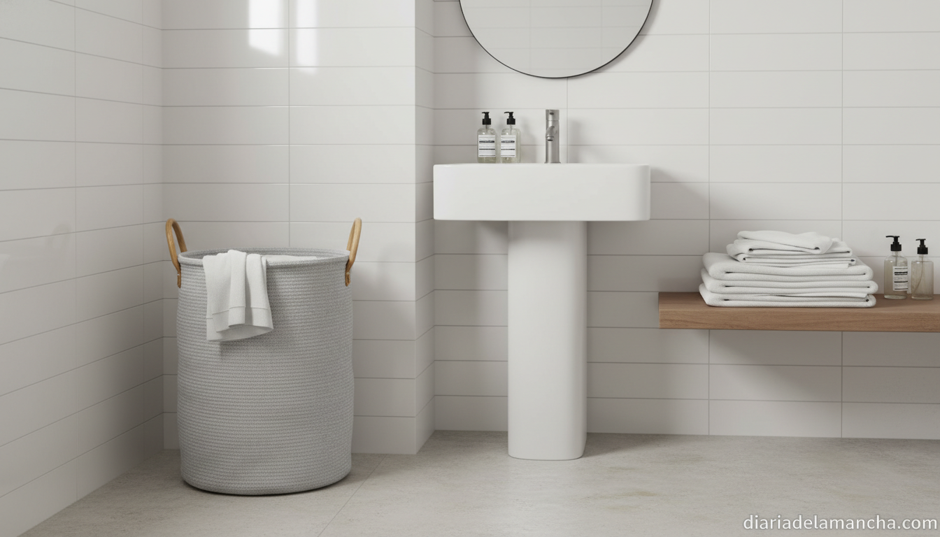 Cesta plegable para ropa sucia en baño blanco moderno organizado