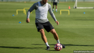 Football player wearing a white cooling vest during training session on a sunny day, realistic sports photography style, g...