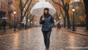 Mujer con chaqueta Columbia Powder Lite impermeable bajo la lluvia