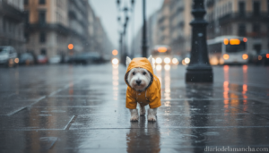 Perro con chubasquero impermeable paseando bajo la lluvia en la calle