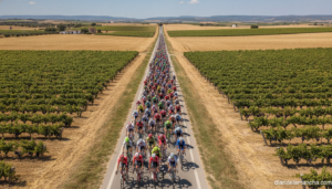 Road cycling race through rural Castilla-La Mancha landscape, peloton of cyclists in colorful team jerseys riding on a fla...