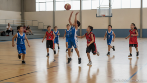 Youth basketball players on a court, children aged 8-10 competing in a local sports gym tournament, candid action shot wit...