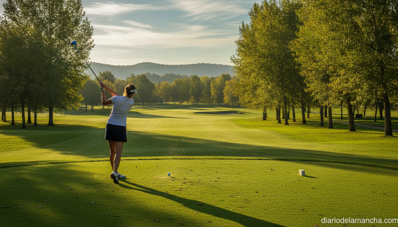 Golf player hitting a shot on a sunny green fairway with trees in the background, realistic sports photography style, no f...