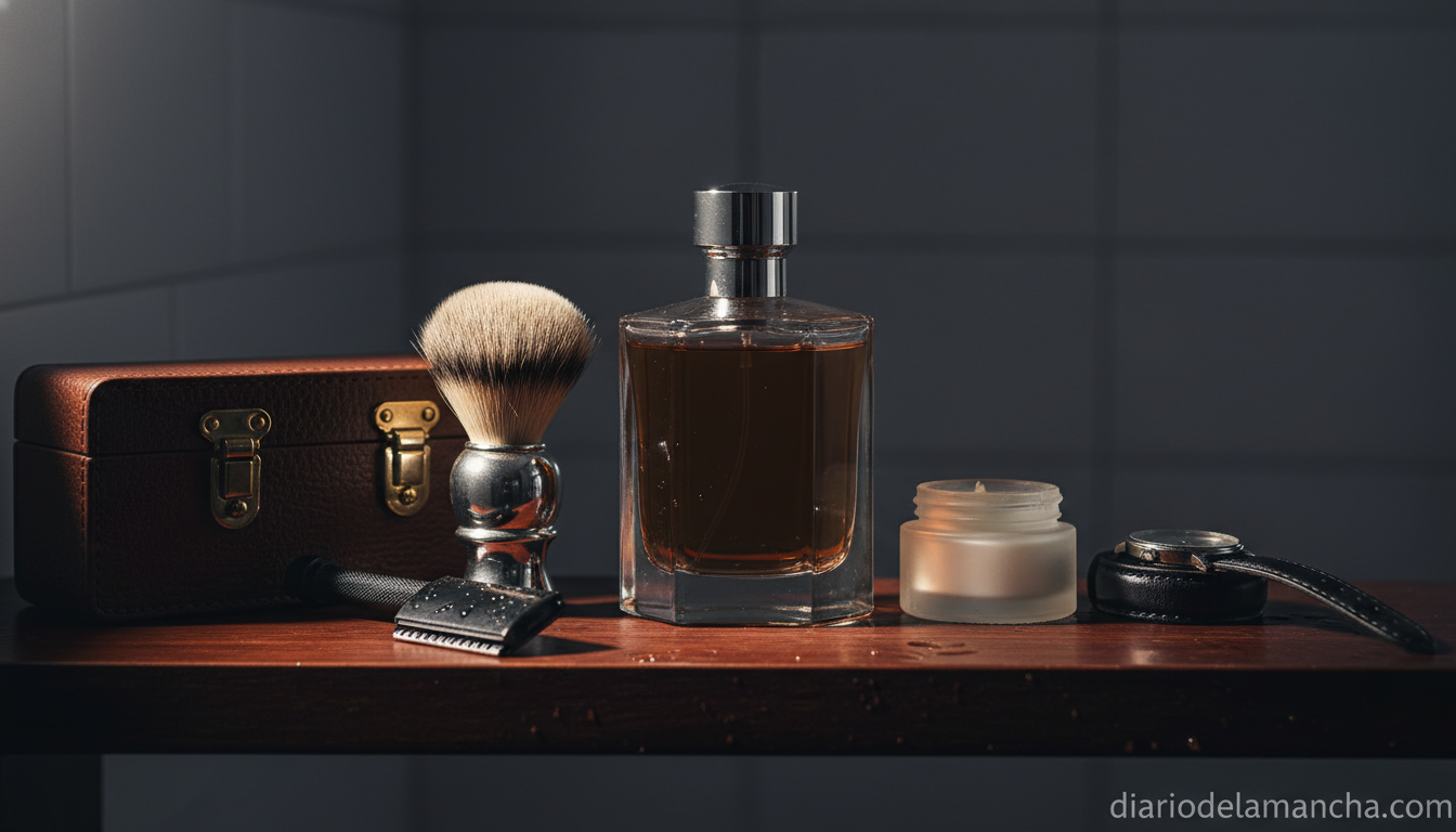 Colonia masculina GUESS Seductive Noir sobre estantería de baño con accesorios de cuidado