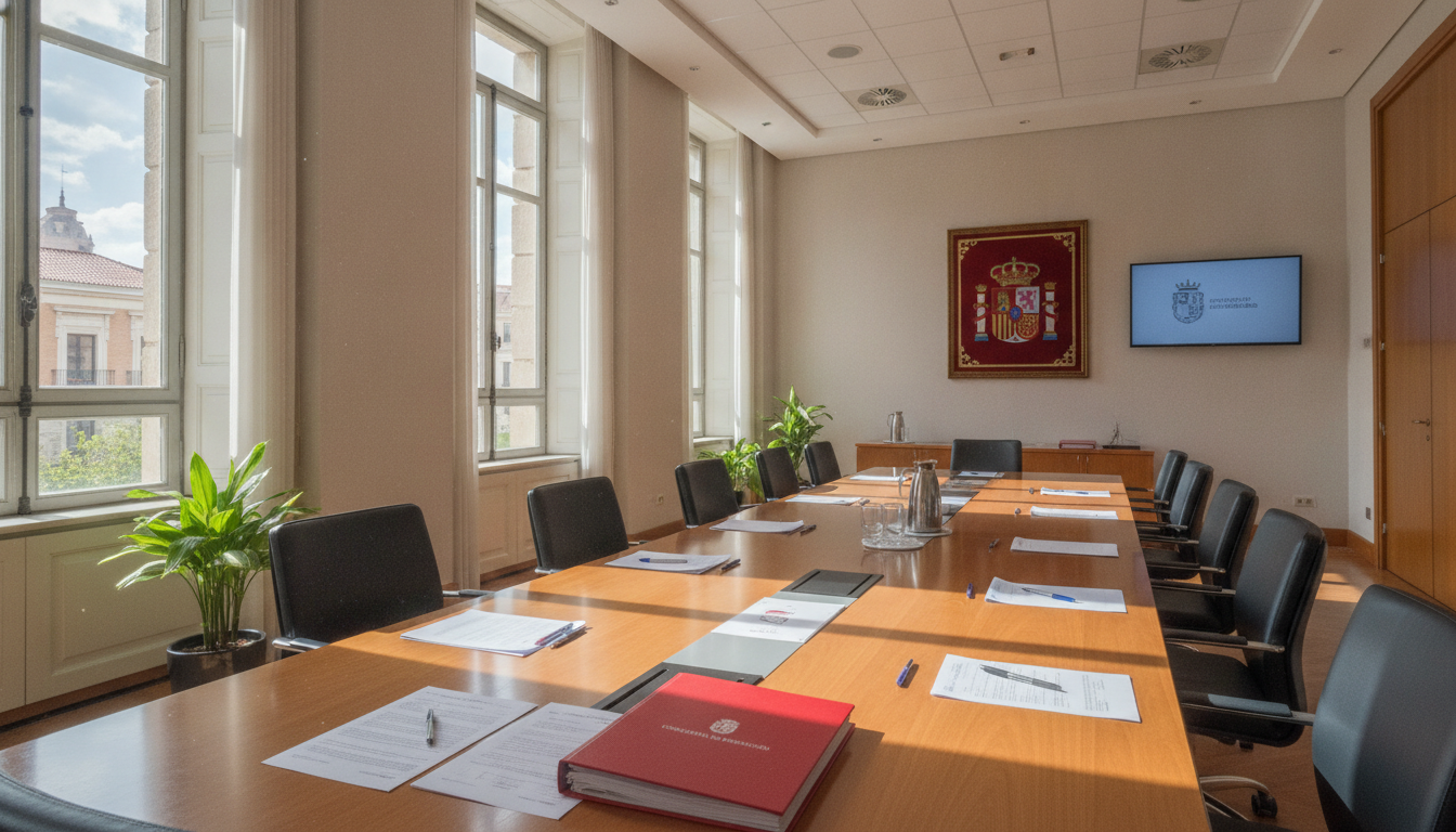 Sala de reuniones en una consejería de educación española. Una mesa de despacho con papeles, bolígrafos y un expediente ab...
