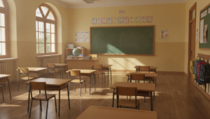 Aula escolar vacía con pupitres ordenados, pizarra verde al fondo, luz natural por ventanas laterales, ambiente tranquilo ...