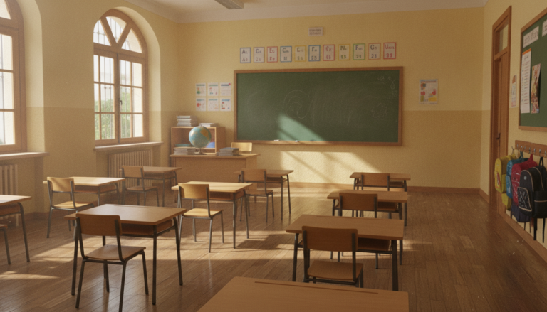 Aula escolar vacía con pupitres ordenados, pizarra verde al fondo, luz natural por ventanas laterales, ambiente tranquilo ...
