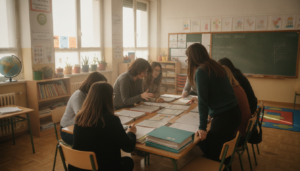 Maestros y educadores reunidos en un aula luminosa de colegio de primaria de España, mirando documentos administrativos so...