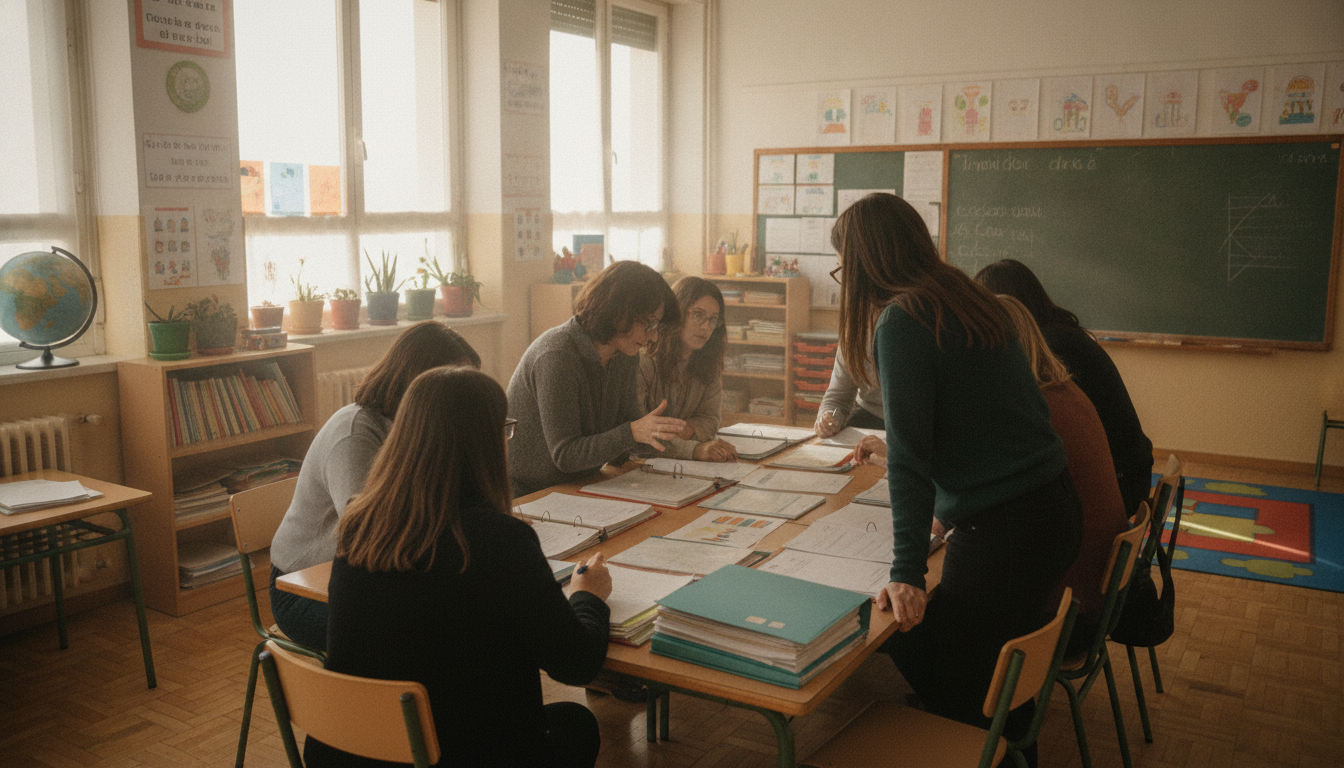 Maestros y educadores reunidos en un aula luminosa de colegio de primaria de España, mirando documentos administrativos so...