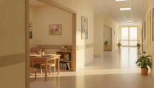 Pasillo de un hospital español con una aula pequeña integrada. Mesa con material educativo (libros, cuadernos, lápices), s...