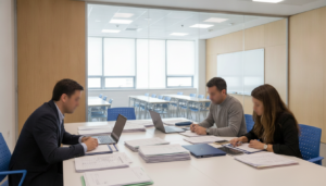 Docentes revisando documentos en un centro educativo moderno, lista de puntuaciones sobre mesa, aula luminosa al fondo, am...
