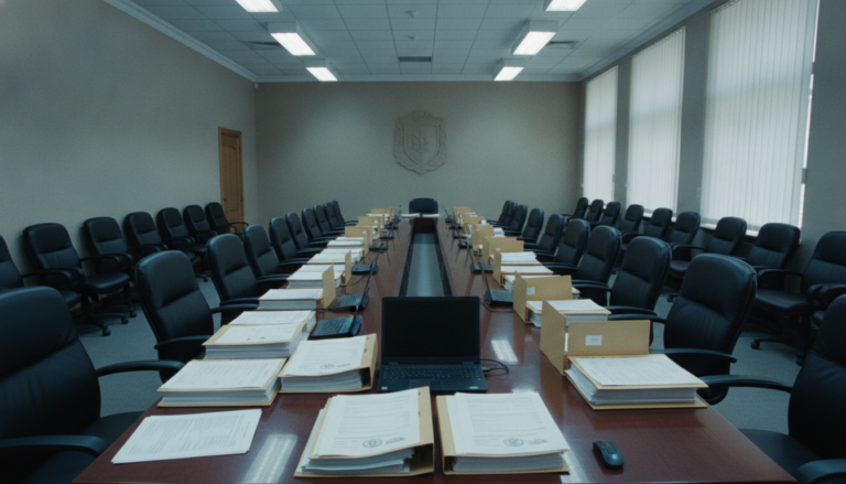 Sala de reuniones institucional mesa alargada sillas vacías carpetas documentos administrativos, ambiente oficial administ...