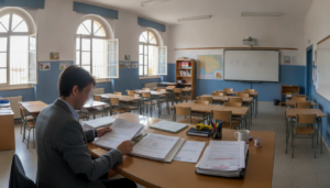 Aula de colegio en Castilla-La Mancha, docente revisando documentos administrativos de prevención de riesgos laborales en ...