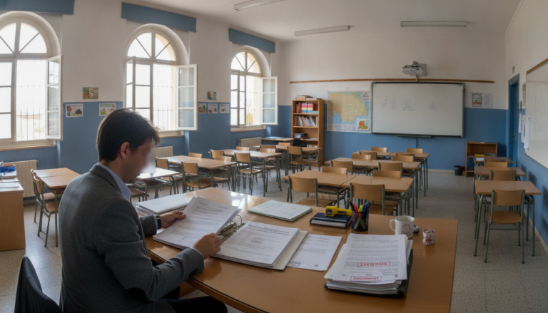 Aula de colegio en Castilla-La Mancha, docente revisando documentos administrativos de prevención de riesgos laborales en ...