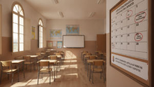 Aula escolar vacía en verano con pupitres ordenados, luz natural entrando por las ventanas, ambiente administrativo educat...