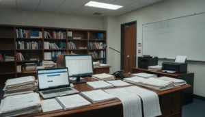 Oficina administrativa educativa con documentos y listas en una mesa, ordenador portátil abierto mostrando un portal web, ...