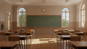 Aula de secundaria vacía con pupitres ordenados, pizarra verde al fondo y ventanas con luz natural. Vista desde el fondo d...