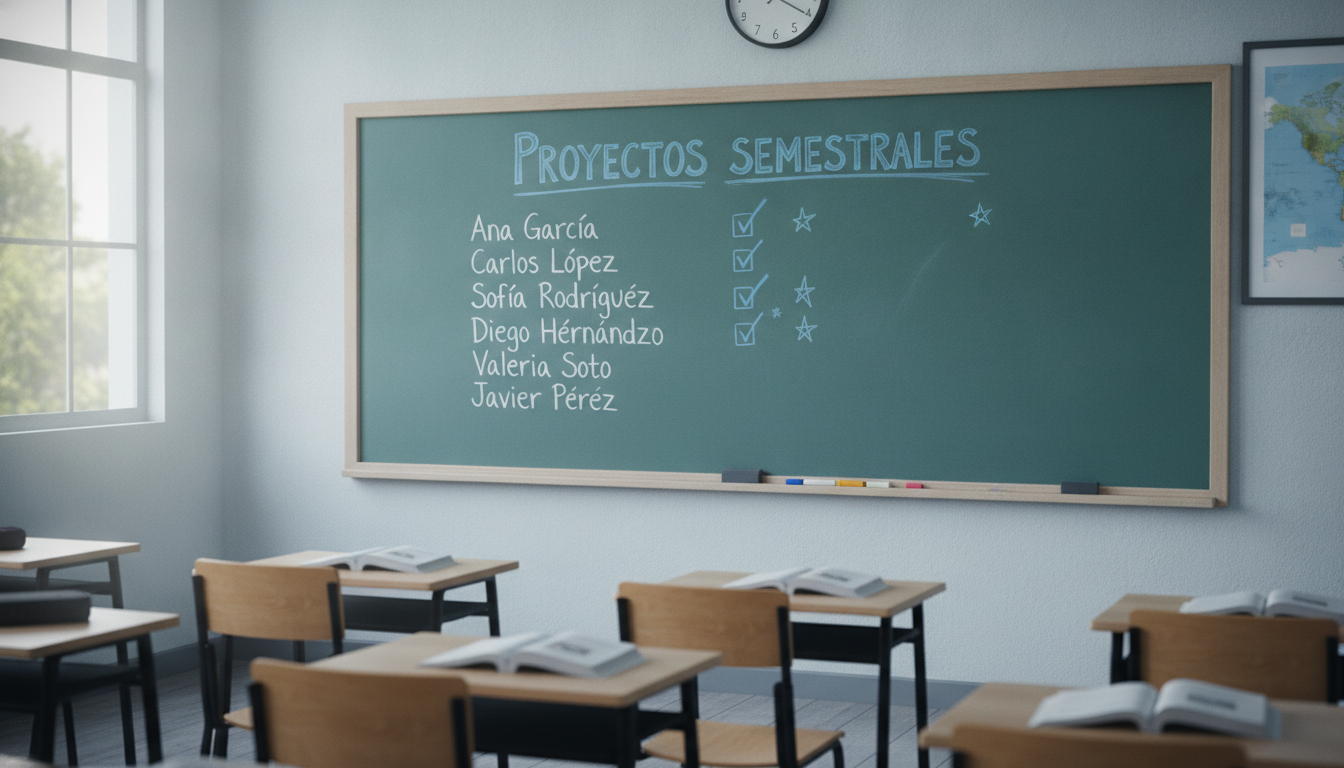 Pizarrón de aula de colegio con una lista de nombres escritos, ambiente escolar tranquilo, sin personas, luz natural, pers...