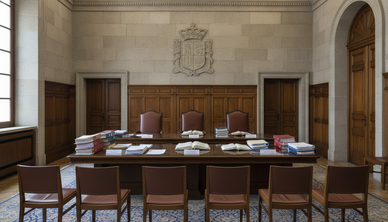 Tribunal de oposiciones en sala institucional de administración, mesa con documentos oficiales, sillas vacías esperando a ...