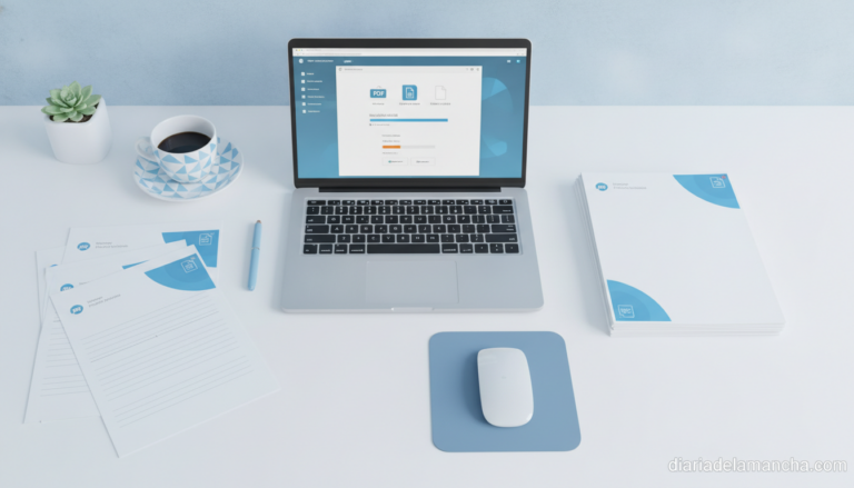 Flat-lay photograph of a desk with a printed PDF document next to a laptop screen showing a file conversion interface. Cle...