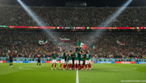 Football soccer match moment showing players celebrating a comeback goal at a packed night stadium in Mexico during the Wo...