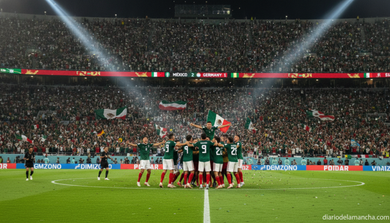 Football soccer match moment showing players celebrating a comeback goal at a packed night stadium in Mexico during the Wo...