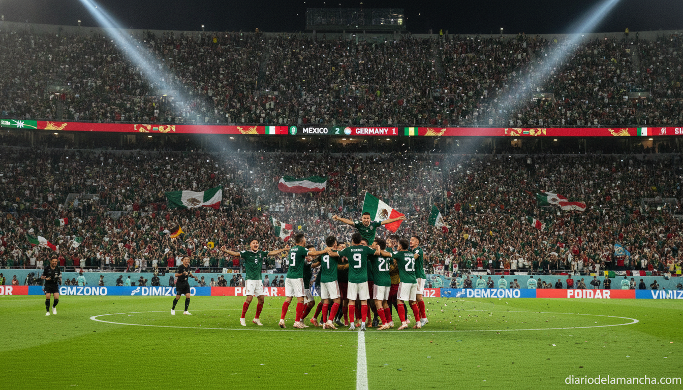Football soccer match moment showing players celebrating a comeback goal at a packed night stadium in Mexico during the Wo...