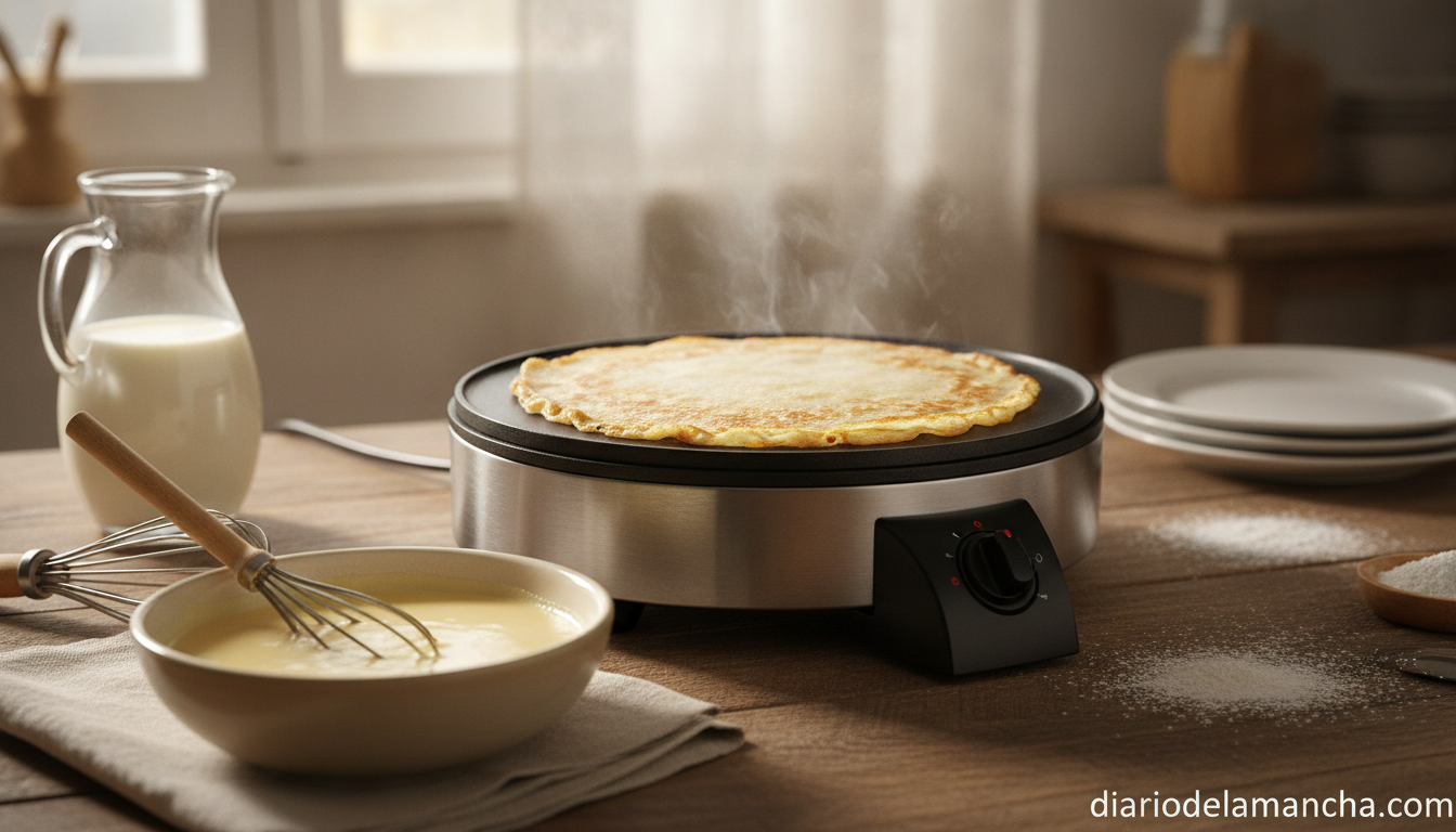 Descubriendo la mejor crepera eléctrica: análisis de cinco opciones para crepes y tortitas perfectos 1 Crepera eléctrica redonda haciendo un crep dorado en cocina casera