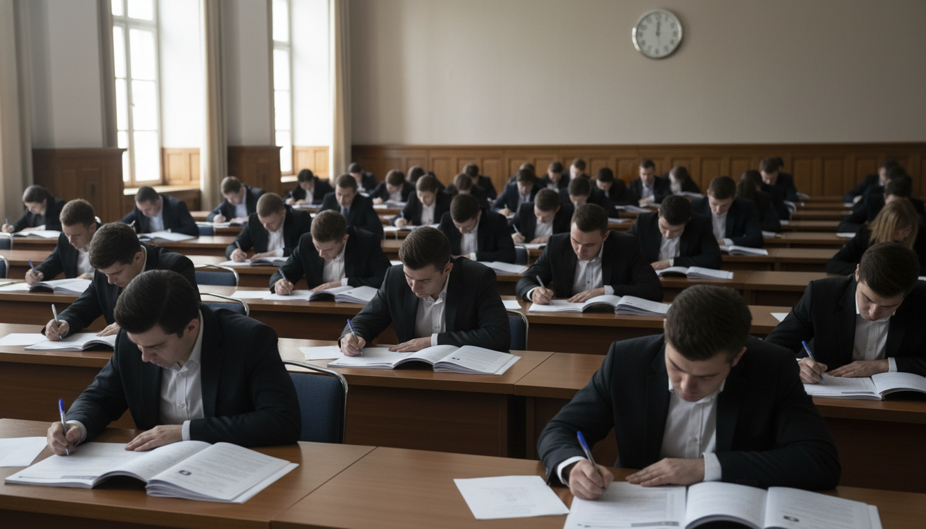 Aula de examen con opositores escribiendo en mesas, ambiente formal de prueba oficial, folios y bolígrafos, sin caras iden...