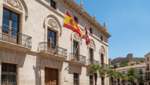 Ciudad de Cuenca, edificio administrativo español, fachada con bandera española y de Castilla-La Mancha, cielo azul de ver...
