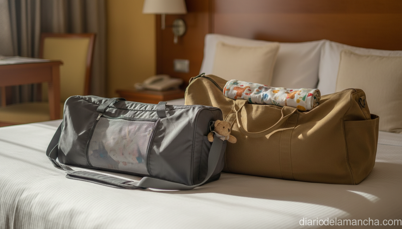 Cuna de viaje plegable para bebé junto a maleta, solución práctica para vacaciones en familia