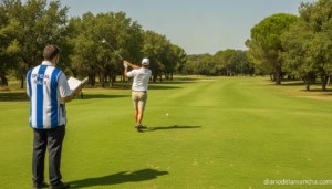 A golf referee standing on a golf course observing a player taking a swing, realistic sports photography, green fairway wi...