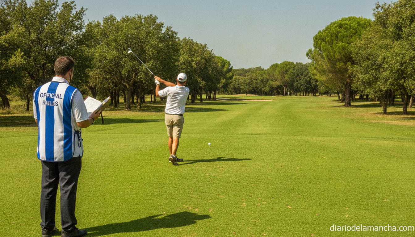 A golf referee standing on a golf course observing a player taking a swing, realistic sports photography, green fairway wi...