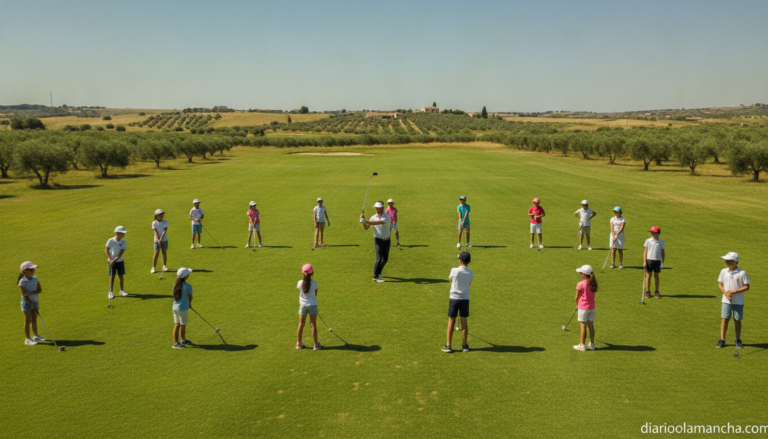 A golf instructor teaching a group of young players and adults on a practice range in Castilla-La Mancha, Spain. Green gra...