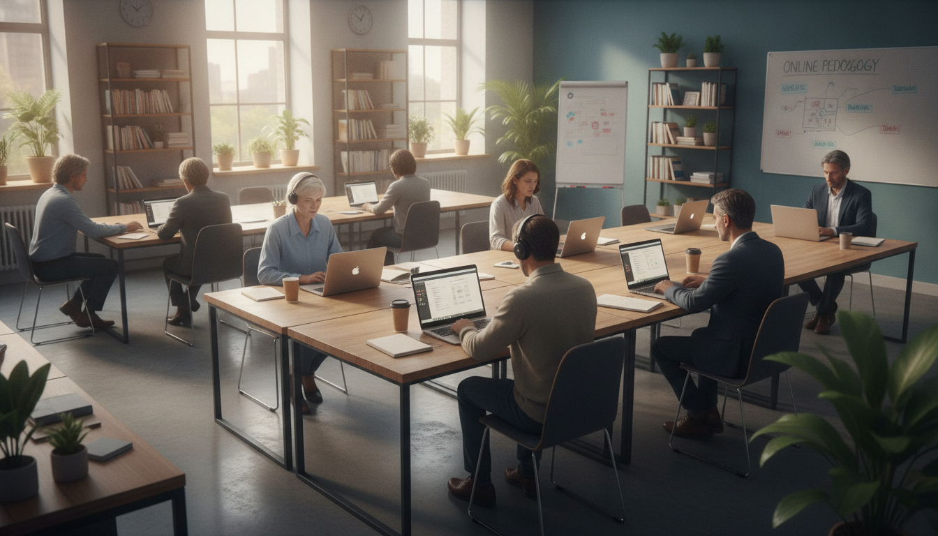 Docentes adultos trabajando en ordenadores portátiles en un entorno de formación online, aula moderna con luz natural, atm...