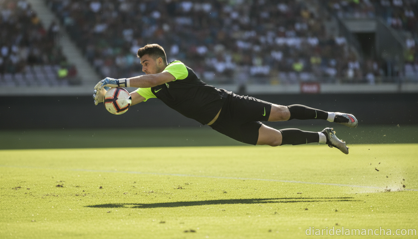 A goalkeeper in football kit making a save dive on a green football pitch. Soccer goalkeeper catching the ball, dynamic ac...