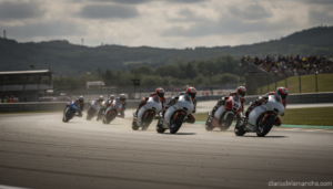 Moto 3 motorcycle racing on a race track during a Grand Prix, dynamic action shot from the side showing multiple motorcycl...