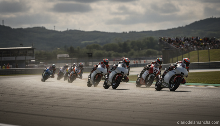 Moto 3 motorcycle racing on a race track during a Grand Prix, dynamic action shot from the side showing multiple motorcycl...