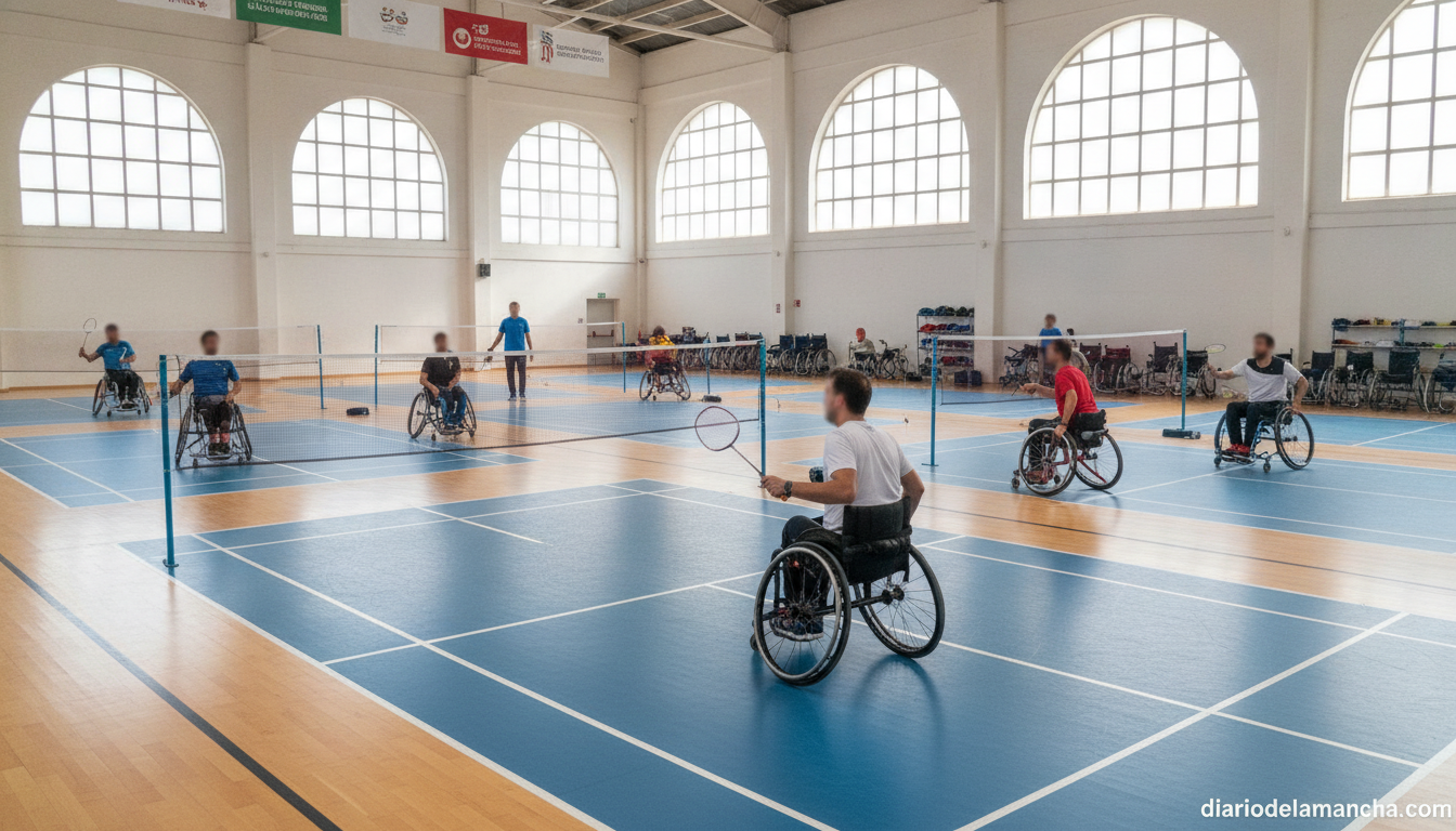 Spanish adaptive sports training center, athletes with disabilities practicing badminton and para-badminton indoors, wheel...