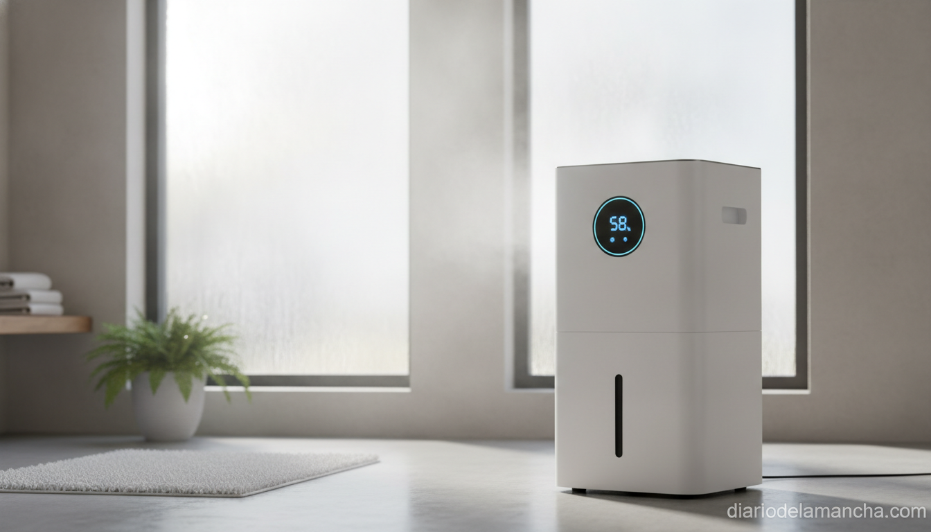 Descubre el mejor deshumidificador en Amazon con nuestro ranking actualizado de 2026 1 Deshumidificador eléctrico moderno en sótano con nivel de humedad en pantalla digital
