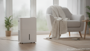 Deshumidificador compacto blanco en salón moderno con humedad en ventana