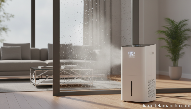 Deshumidificador eléctrico en salón moderno hogar humedad condensación