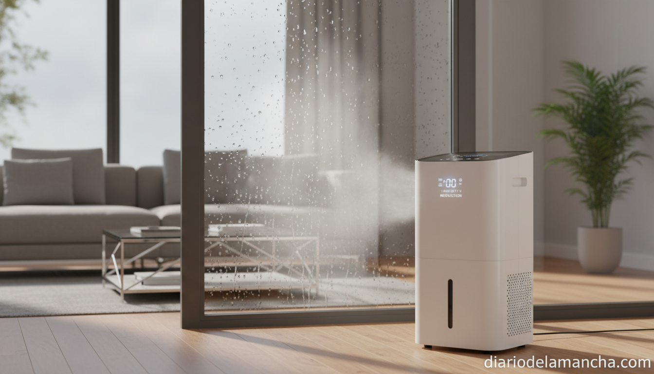 Deshumidificador eléctrico en salón moderno hogar humedad condensación