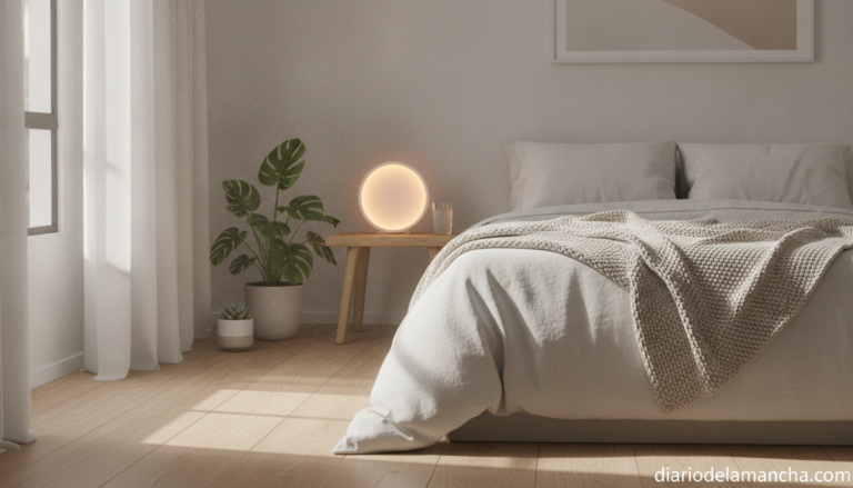 Despertador con luz de amanecer en mesita de noche con ambiente madrugador cálido