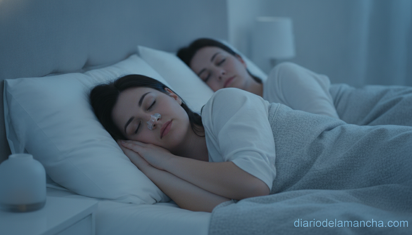 Persona durmiendo tranquila con dispositivo antirronquidos dilatador nasal