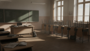 Aula de colegio vacía en verano con sillas apiladas, papeles sobre la mesa del profesor, luz natural entrando por ventanas...