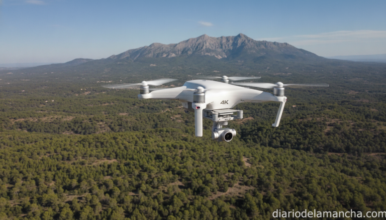 Dron compacto blanco volando sobre paisaje verde con montañas al fondo